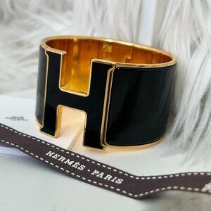 Hermes Clic Clac H Bracelet, Extra Wide, Size PM, in Black & Gold